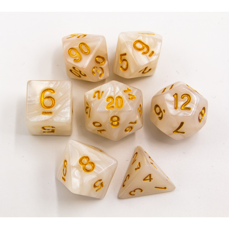 White Set of 7 Marbled Polyhedral Dice with Gold Numbers