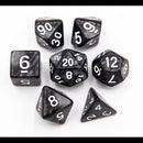 Black Set of 7 Marbled Polyhedral Dice with White Numbers  Fair Game Video Games