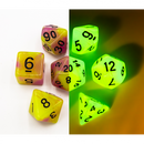 Green/Pink Set of 7 Fusion Glow In Dark Polyhedral Dice with Black Numbers  Fair Game Video Games