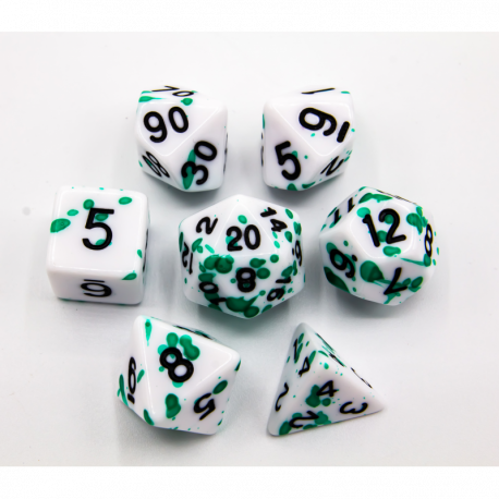 Green Set of 7 Speckled Polyhedral Dice with Black Numbers  Fair Game Video Games