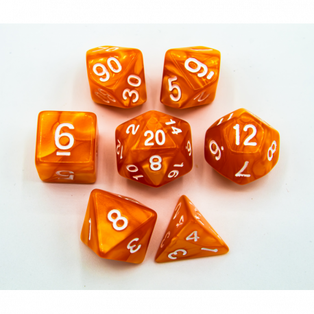Orange Set of 7 Marbled Polyhedral Dice with White Numbers  Fair Game Video Games