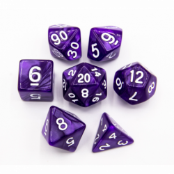 Purple Set of 7 Marbled Polyhedral Dice with White Numbers  Fair Game Video Games