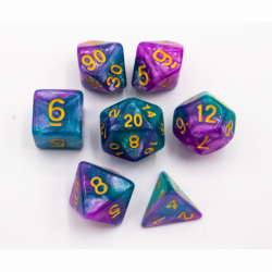 Purple/Teal Set of 7 Sparkly Fusion Polyhedral Dice with Gold Numbers  Fair Game Video Games